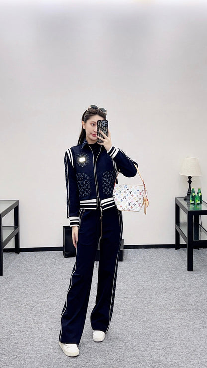 Jacquard denim straight leg pants