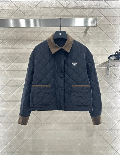 Corduroy collar diamond patterned cotton jacket
