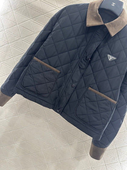 Corduroy collar diamond patterned cotton jacket