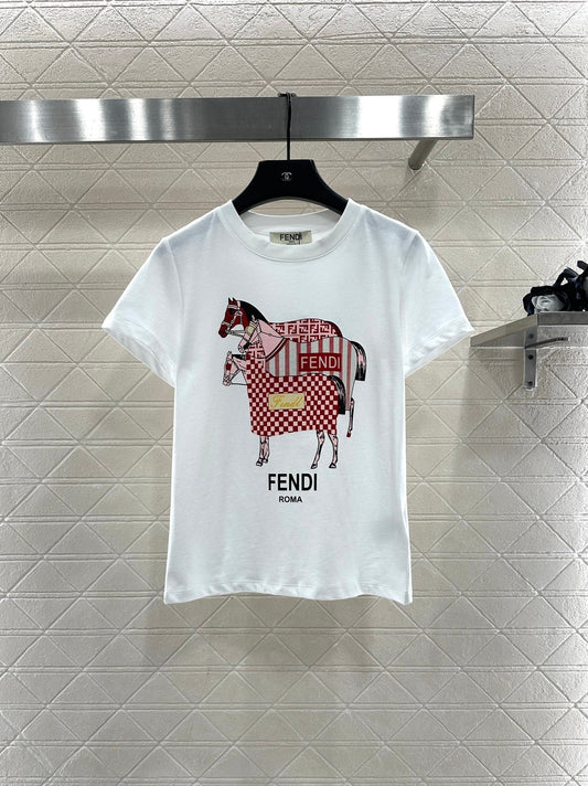Round neck horse racing print short-sleeved shirt