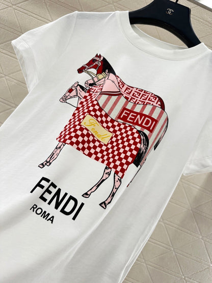 Round neck horse racing print short-sleeved shirt