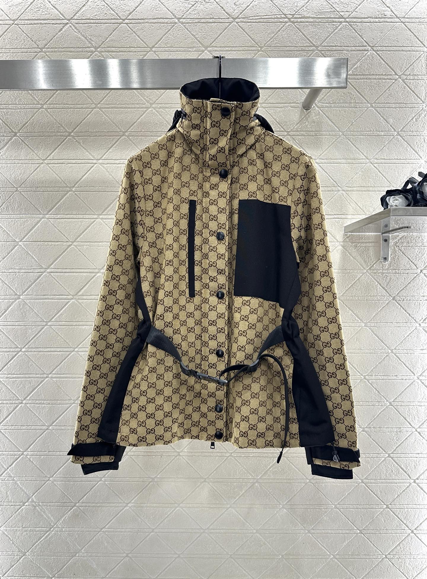 Hooded belted jacquard cotton coat