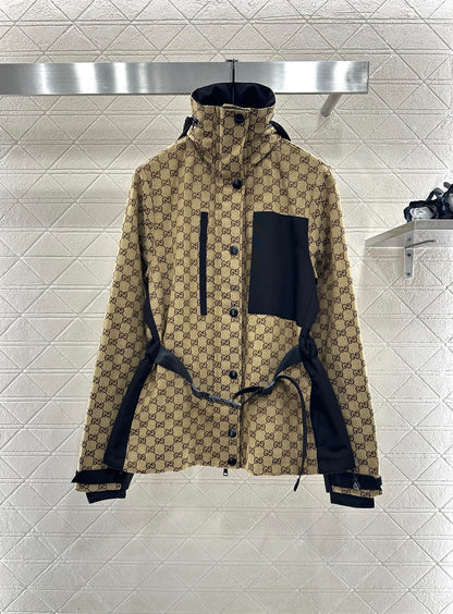 Hooded belted jacquard cotton coat