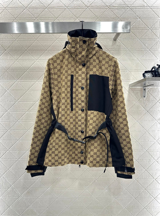 Hooded belted jacquard cotton coat