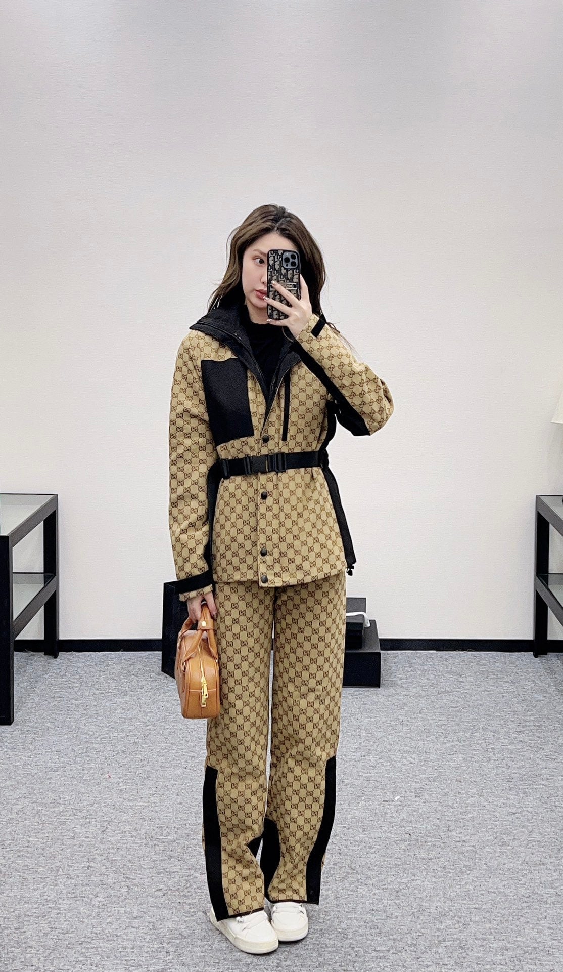 Hooded belted jacquard cotton coat