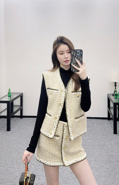 Woven plaid vest and skirt set
