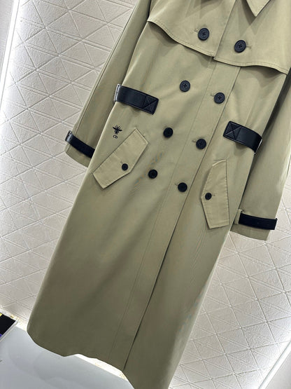 Leather buckle long trench coat