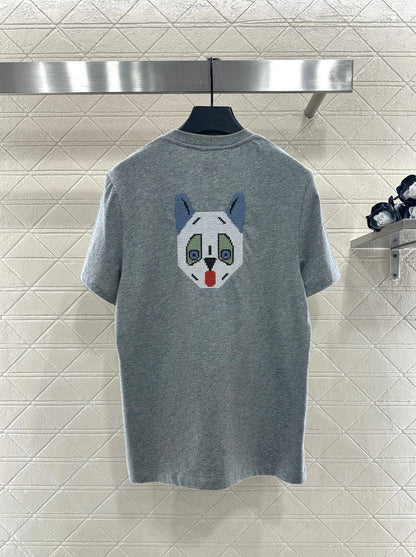 Embroidered round neck cat short-sleeved shirt