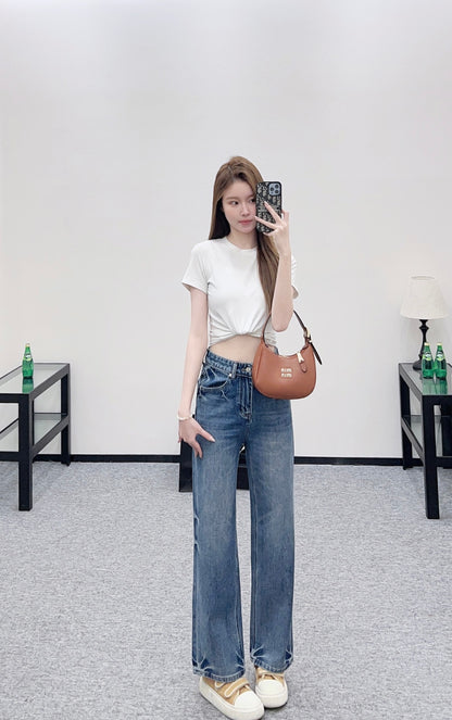High-Waisted Distressed Straight-Leg Jeans