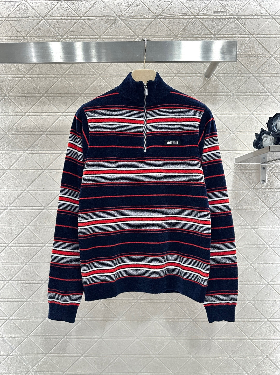 Knit Striped Stand Collar Long Sleeve