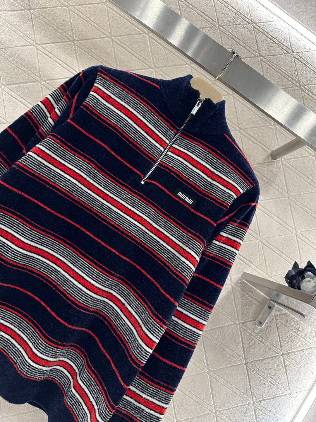 Knit Striped Stand Collar Long Sleeve