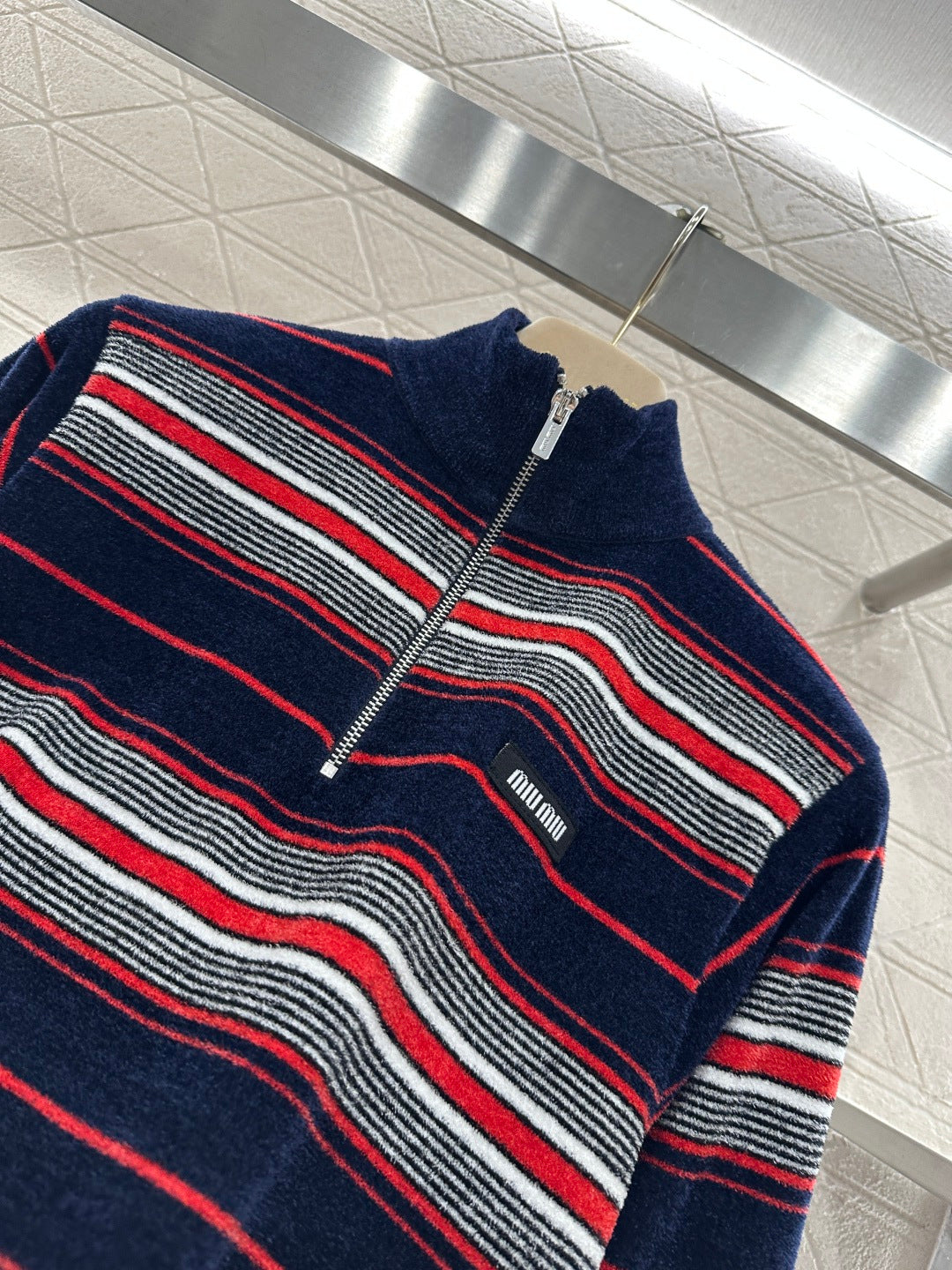 Knit Striped Stand Collar Long Sleeve