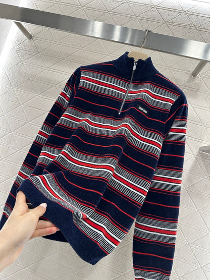 Knit Striped Stand Collar Long Sleeve