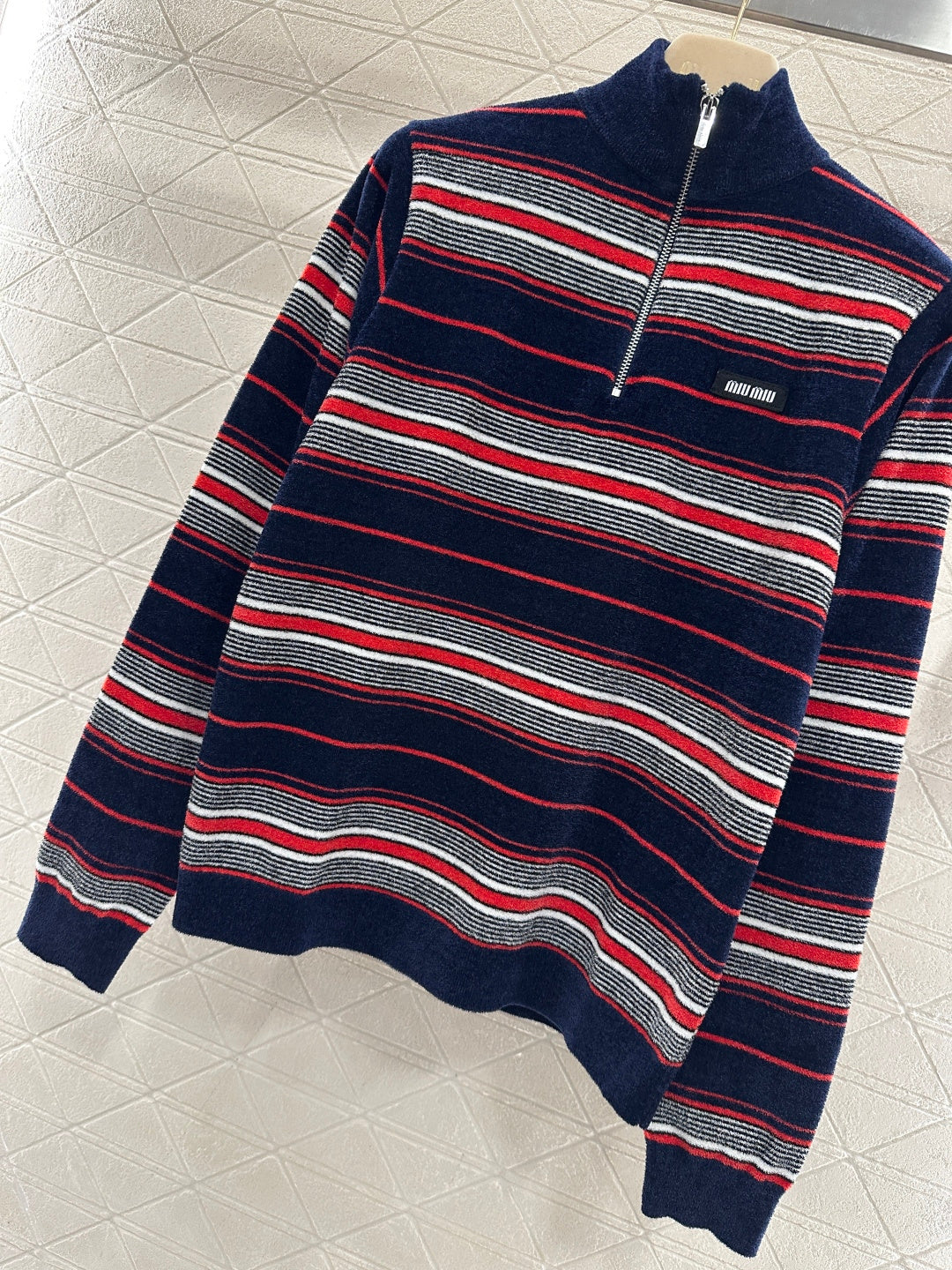 Knit Striped Stand Collar Long Sleeve
