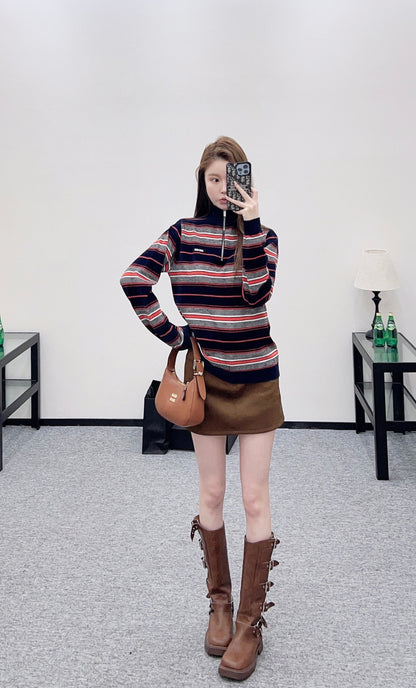 Knit Striped Stand Collar Long Sleeve