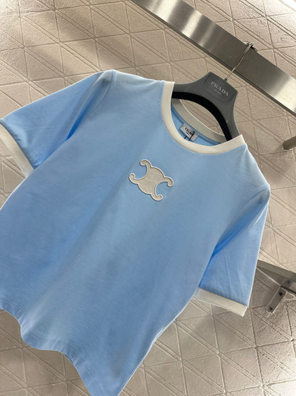 Short-Sleeve Contrast-Color Crew Neck Top