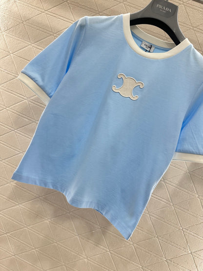 Short-Sleeve Contrast-Color Crew Neck Top