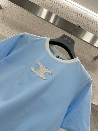 Short-Sleeve Contrast-Color Crew Neck Top