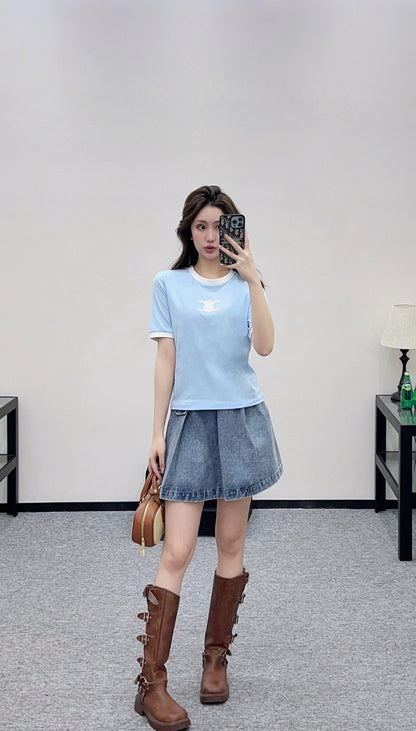 Short-Sleeve Contrast-Color Crew Neck Top