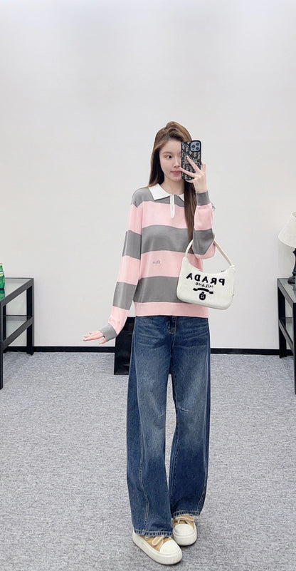 Striped Knit Polo Long Sleeve