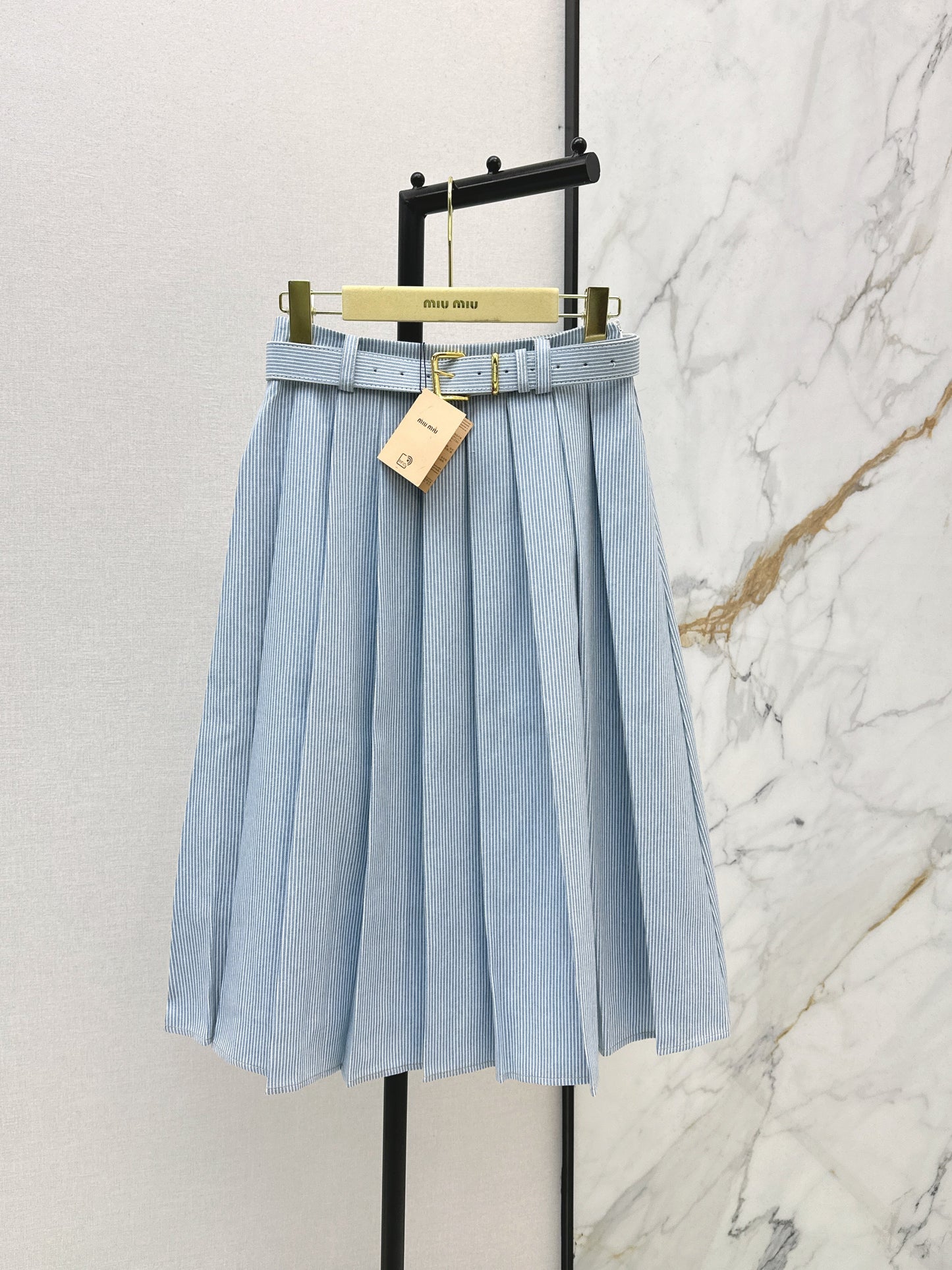 Striped belted pleated midi skirt