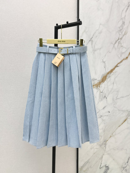 Striped belted pleated midi skirt