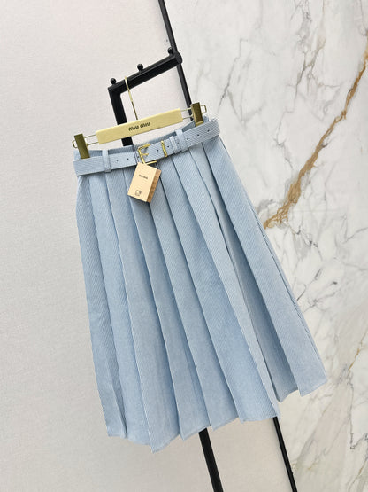 Striped belted pleated midi skirt