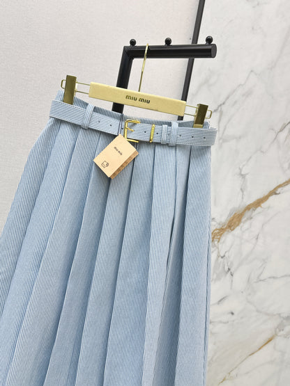 Striped belted pleated midi skirt