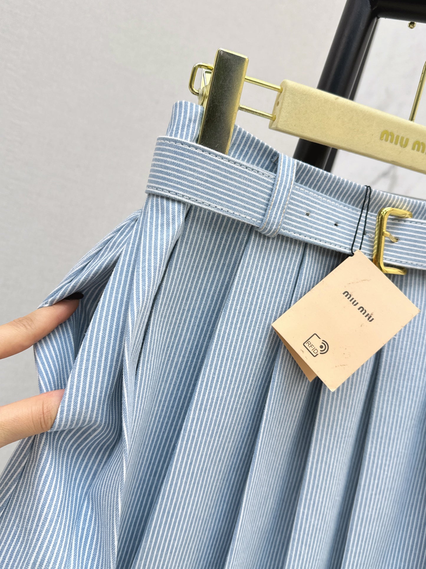 Striped belted pleated midi skirt