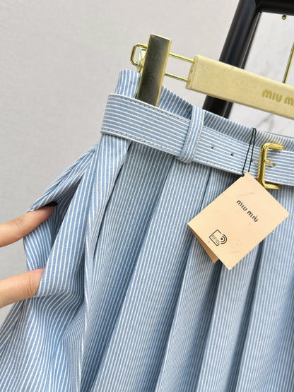 Striped belted pleated midi skirt
