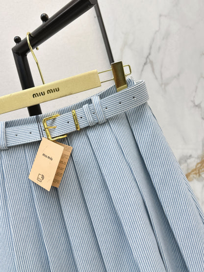 Striped belted pleated midi skirt