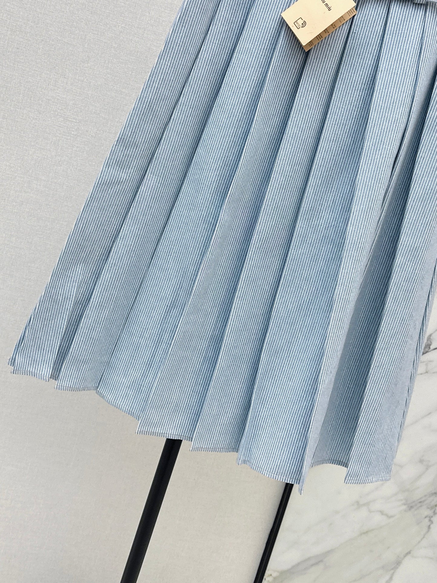Striped belted pleated midi skirt