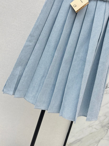 Striped belted pleated midi skirt