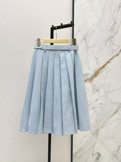 Striped belted pleated midi skirt
