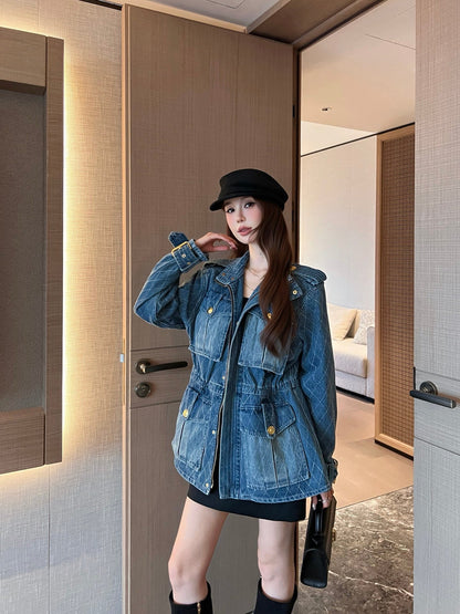 Retro-style washed blue denim jacket