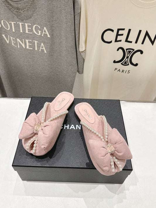 chanel/26SS NEW Pearl bow flat slippers