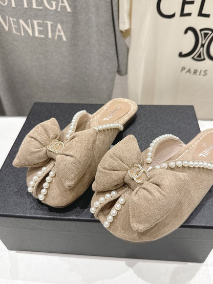 chanel/26SS NEW Pearl bow flat slippers