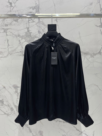 Yves Saint Laurent/🔥Highest Quality🔥26SS NEW Hollow neckline patchwork balloon sleeve shirt