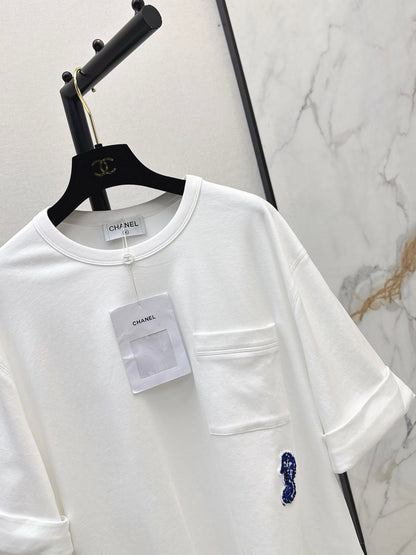26SS NEW Simple Pocket Loose Rolled-Up Short-Sleeve White T-Shirt 🤍