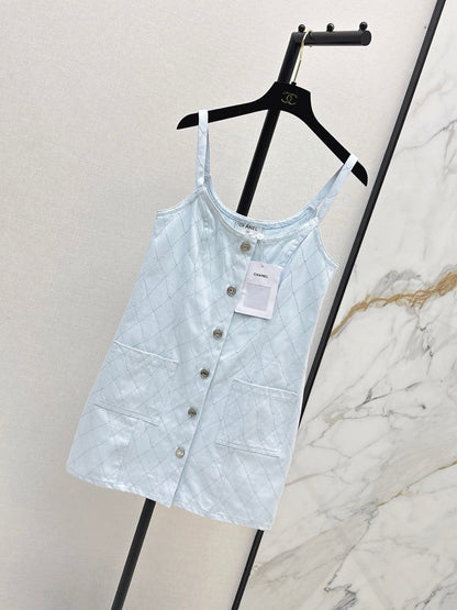 26SS NEW Coco Girl Beach Collection Heavy Embroidery Diamond Pattern Denim Suspender Dress🩵