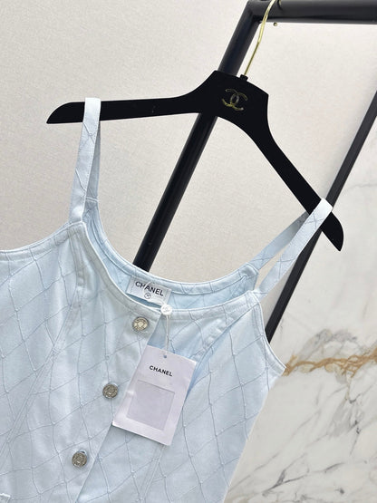 26SS NEW Coco Girl Beach Collection Heavy Embroidery Diamond Pattern Denim Suspender Dress🩵