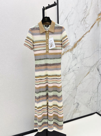 26SS NEW Color-blocked Long Striped Dress with Lapel Collar 🤎