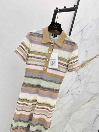 26SS NEW Color-blocked Long Striped Dress with Lapel Collar 🤎