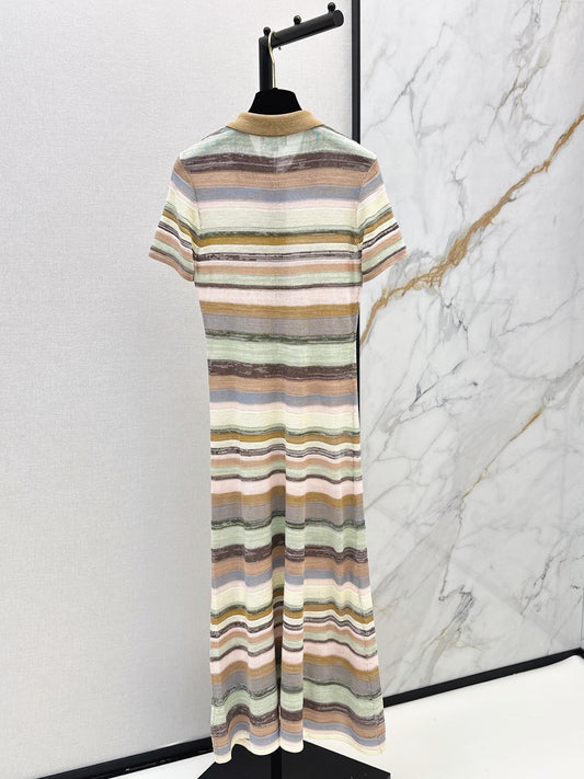 26SS NEW Color-blocked Long Striped Dress with Lapel Collar 🤎