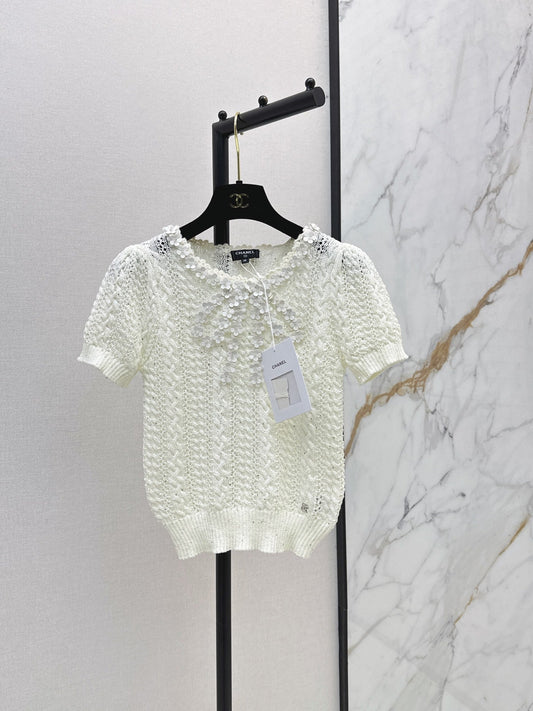 26SS NEW White Openwork Knit Short-Sleeve T-Shirt 🤍