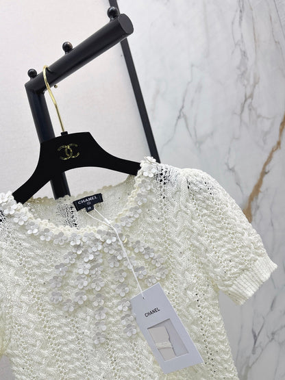 26SS NEW White Openwork Knit Short-Sleeve T-Shirt 🤍