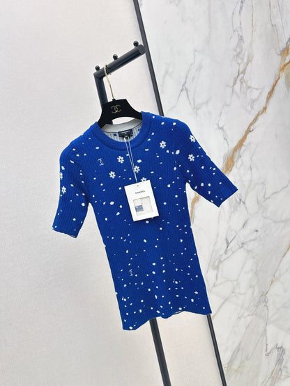 26SS NEW Coco Girls' Handmade Collection Imported Yarn Two-Tone Slim Fit Knit Three-Quarter Sleeve Top🩵