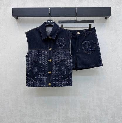 26SS NEW Tweed Patchwork Denim Shorts