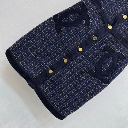 26SS NEW Tweed Patchwork Denim Vest Dress