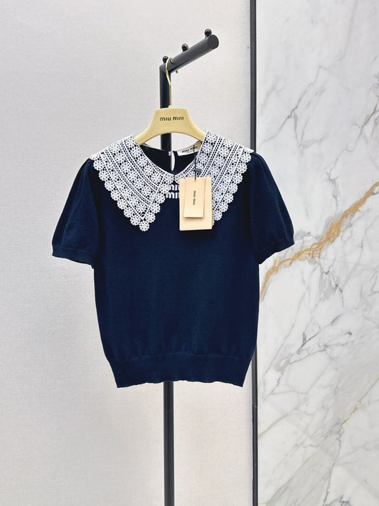 26SS New Faux-Layer Knit Top with Contrast-Color Lace Collar 🤍
